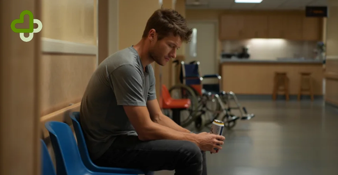 Мужчина в больнице с банкой пива