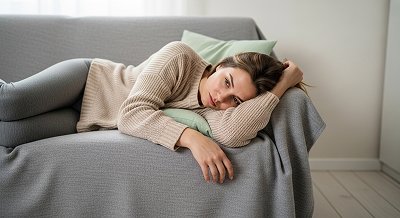 Девушка лежит без сил на диване